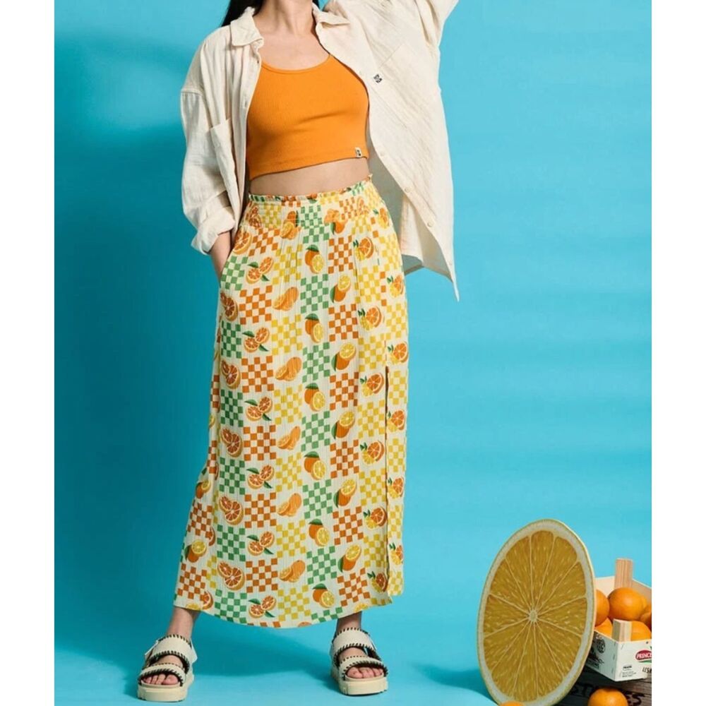 Lucy & Yak Poppy Midi Skirt "Zesty" Orange Citrus Print, Size XS